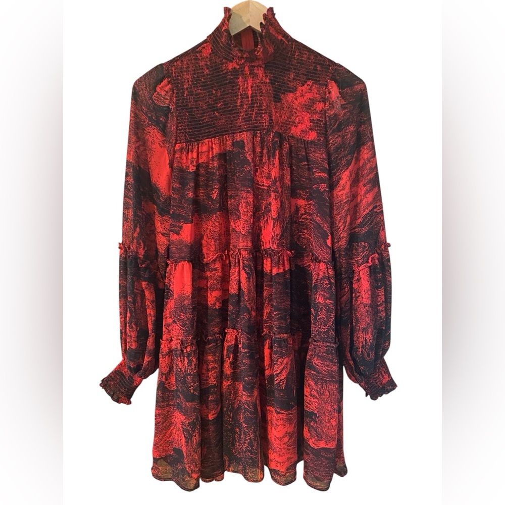 Elan Dress Mini Chiffon Mockneck Long Sleeve Size Small Red/black Lined